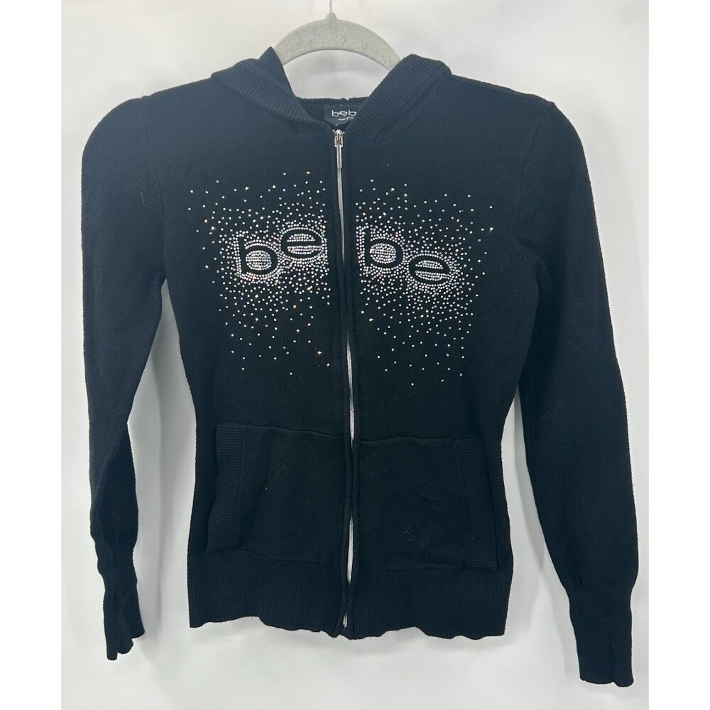Y2K Bebe Black Knit Full Zip Hoodie Sweater Rhinestone Stud Size S